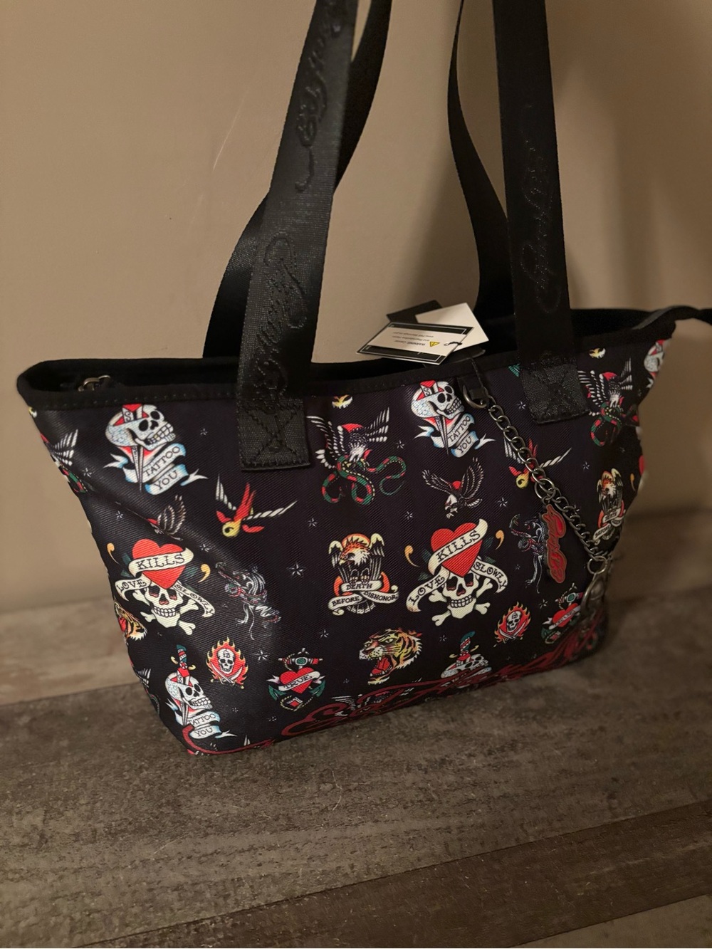 ED HARDY Black Tattoo-Print Canvas Tote Bag WITH CHAIN DETAIL NWT - Picture 5 of 9